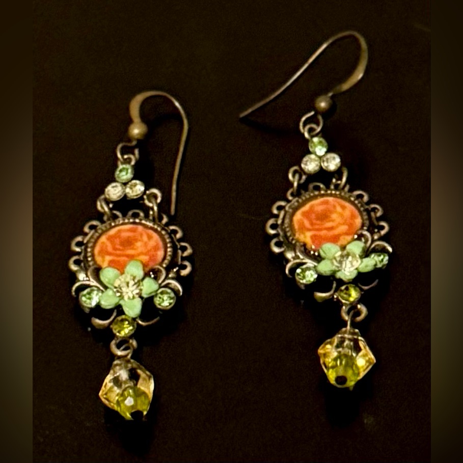 Michal Negrin Vintage Antique High Note Rose Cameo Earrings With Swarovski Stone 70$
